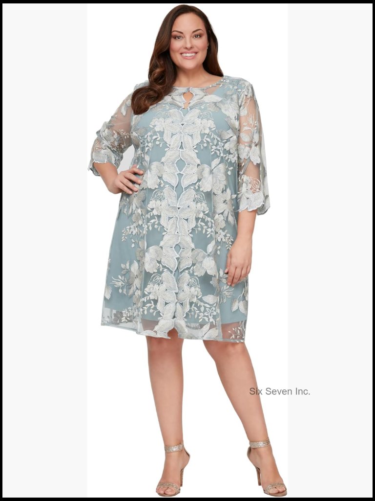 Plus Size Midi Scoop Neck Shift Dress With Embroidered Lace Jacket For Wedding